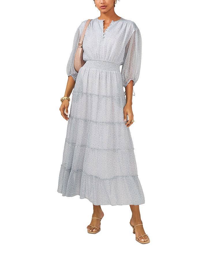 1 state tie neck long sleeve tiered maxi dress