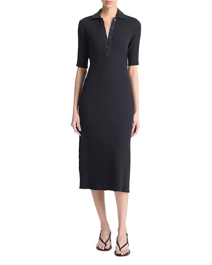 Ribbed Knit Polo Maxi Dress with Belt