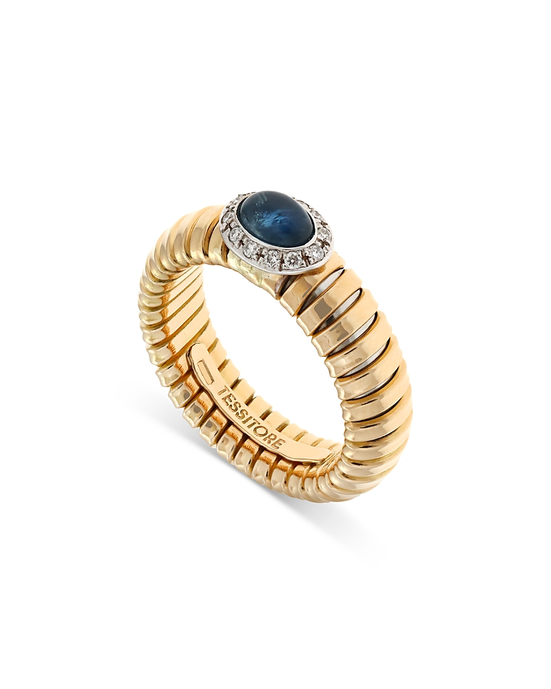 Alberto Milani 18K Yellow Gold Via Giardino Tubogas Domed Sapphire Cabochon & Diamond Ring