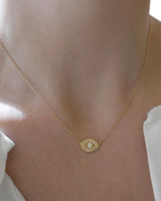14K Yellow Gold Evil Eye Protection Necklace with Diamonds, 0.16 tcw