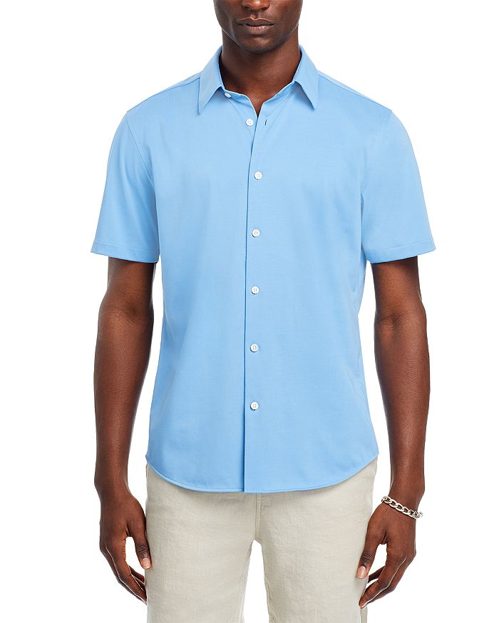 Theory Men's Irving Short Sleeve Shirt In Structure Knit In Powder Blue