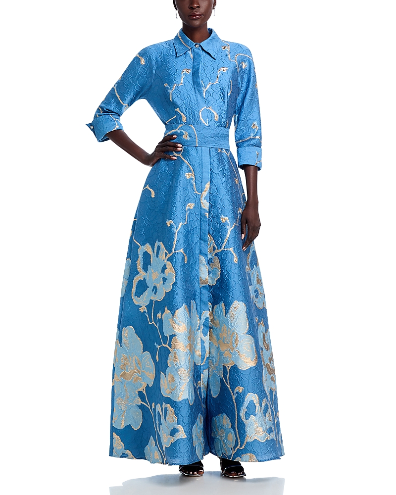 Teri Jon By Rickie Freeman Metallic Jacquard Shirtwaist Gown