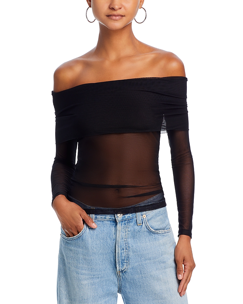 Aqua Semi Sheer Fold Over Off-the-Shoulder Top - Exclusive