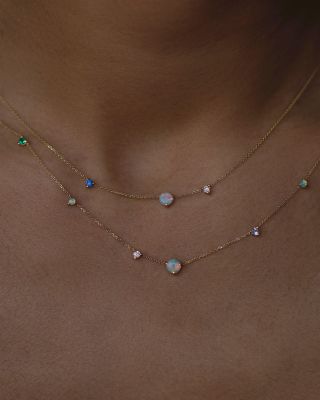 14K Yellow Gold Opal, Sapphire &amp; Diamond Three Step Necklace, 16&amp;quot;