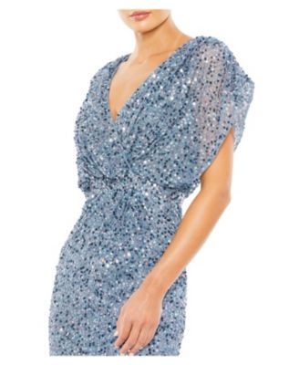 Draped Sleeves Ruched Waist Detail V-Neck Gown