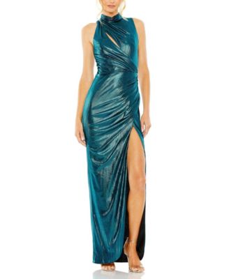 High Neck Keyhole Cutout Sleeveless Metallic Jersey Gown
