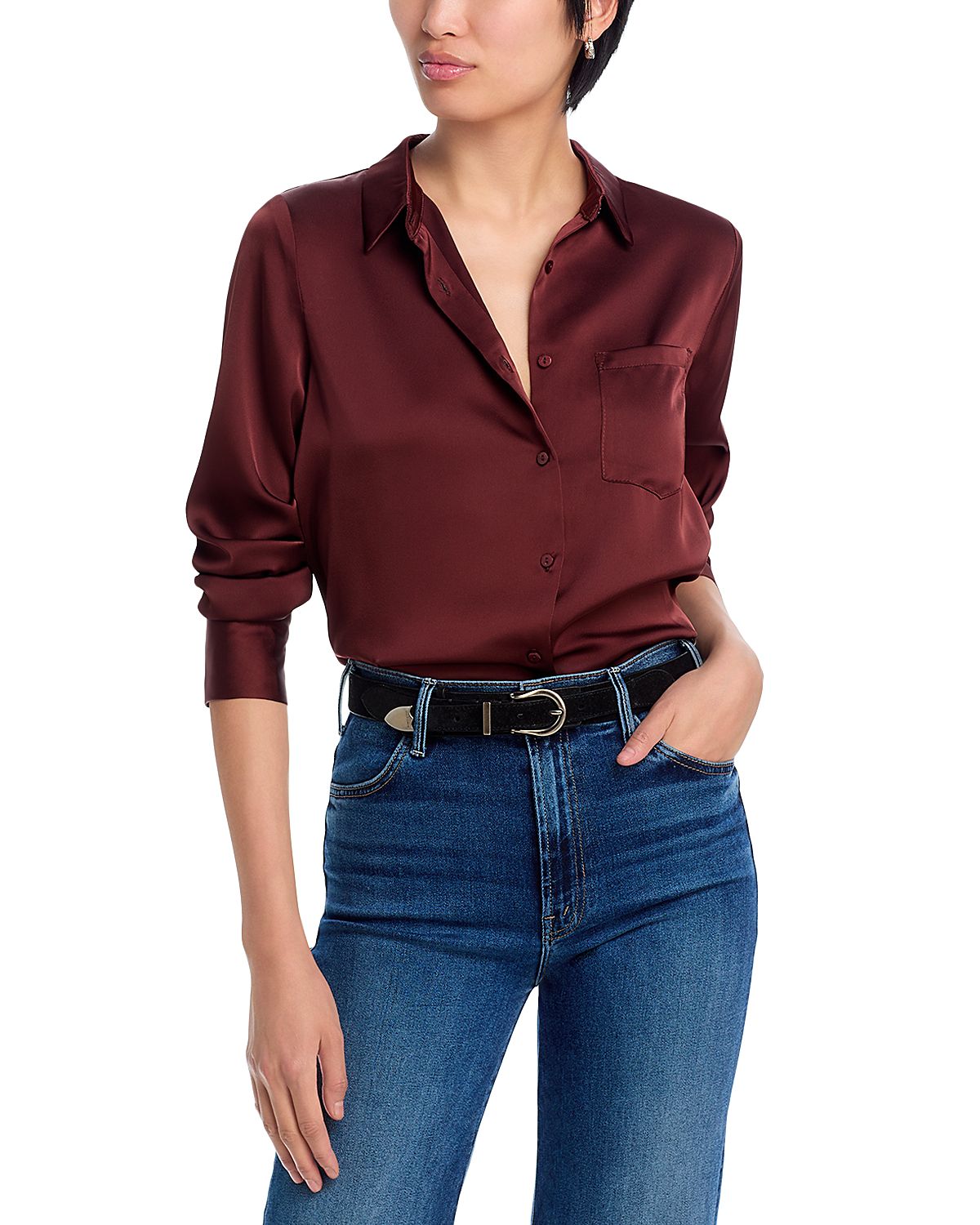 Aqua Satin Button Front Blouse - Exclusive