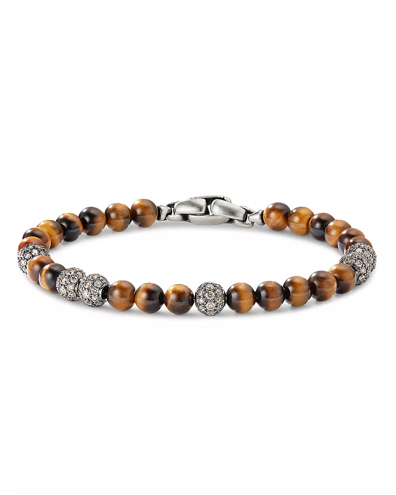 David Yurman Men's Sterling Silver Spiritual Beads Tigers Eye & Cognac Diamond Pave Beaded Bracelet