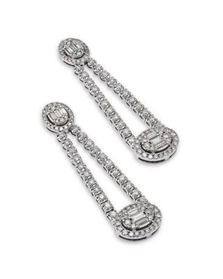 Diamond Round & Baguette Halo Mosaic Drop Earrings in 14k White Gold, 2.25 tcw