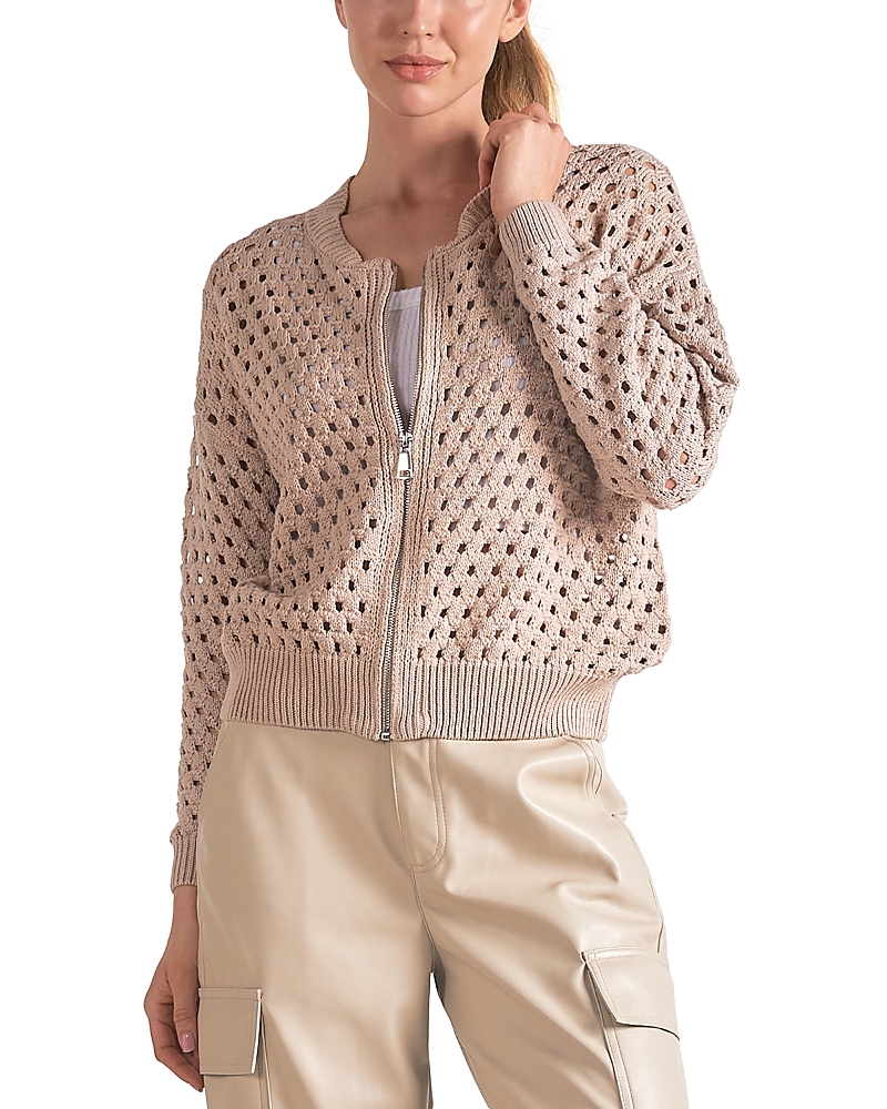 Elan Candice Zip Cardigan Sweater In Stone In Stone
