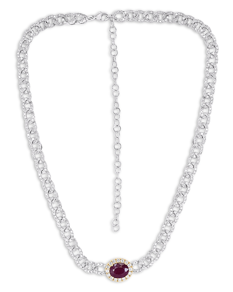 Bloomingdale's Fine Collection Ruby & Diamond Oval Halo Chain Link Collar Necklace In 14k Yellow & White Gold, 14-18 In Red/white