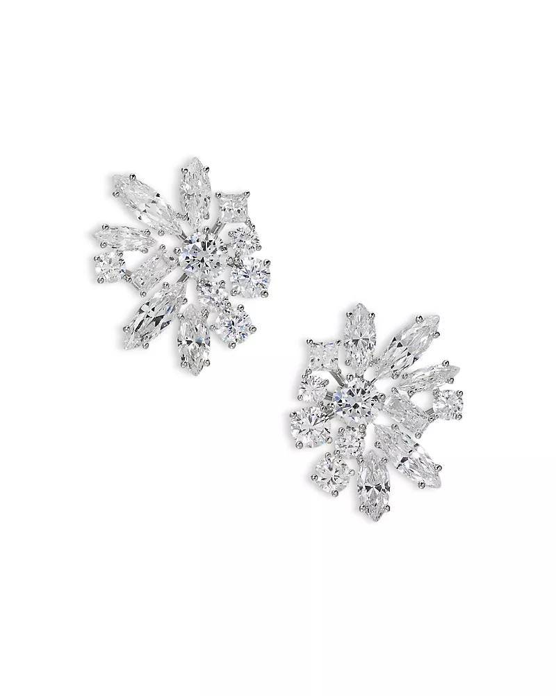 Nadri Rare Jewels Cubic Zirconia Cluster Large Stud Earrings in Rhodium Plated