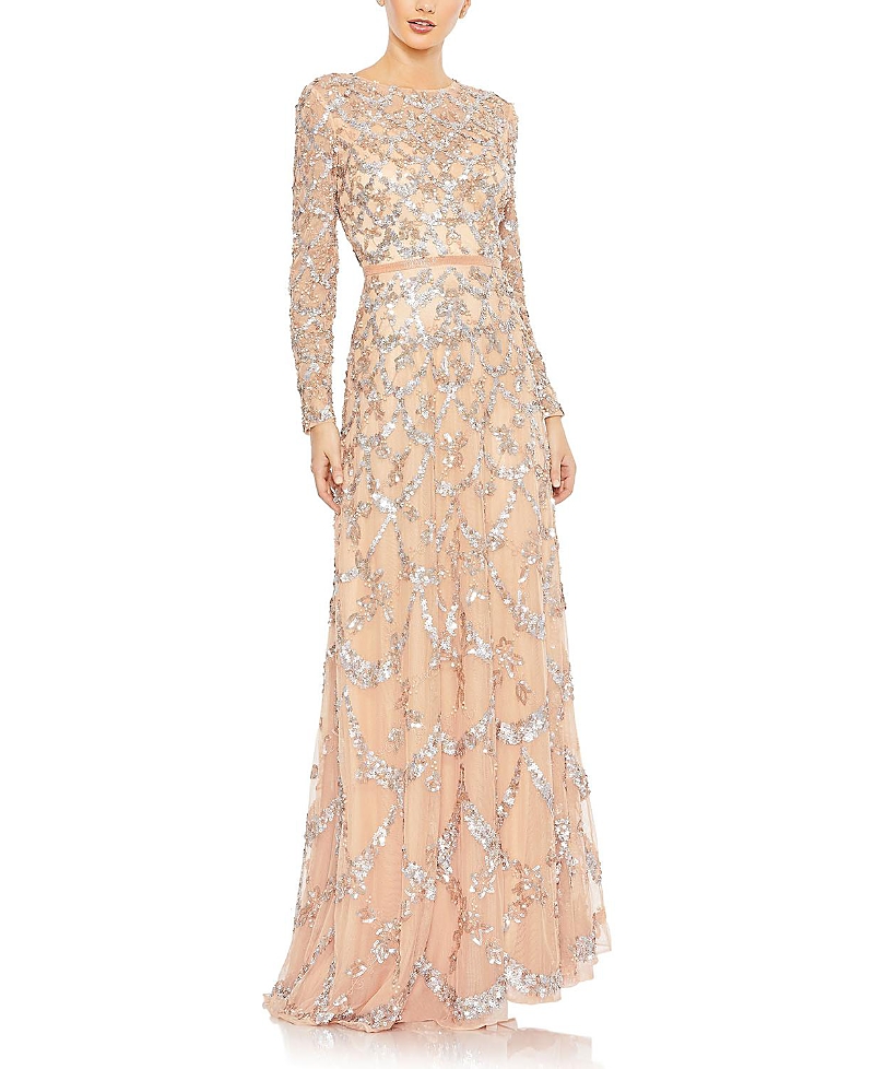Mac Duggal Embellished Illusion High Neck Long Sleeve A Line Dress In Blush