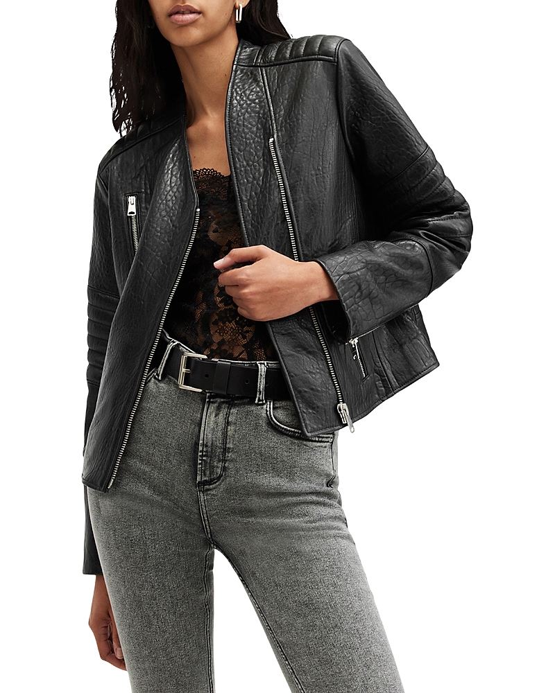 Allsaints Cawley Funnel Neck Leather Biker Jacket In Black