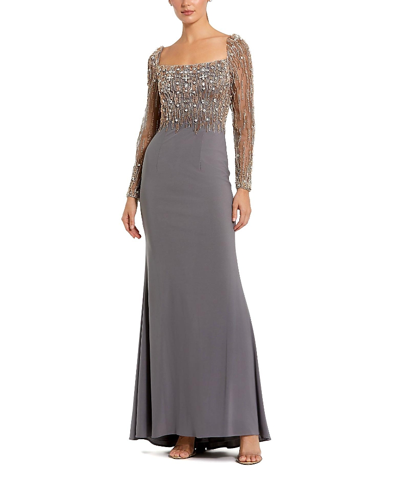 Mac Duggal Beaded Embellished Square Neck Long Sleeve Jersey Gown