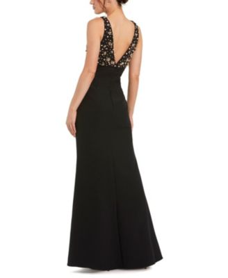 Crepe Sleeveless Beaded V Neck Gown with Bow