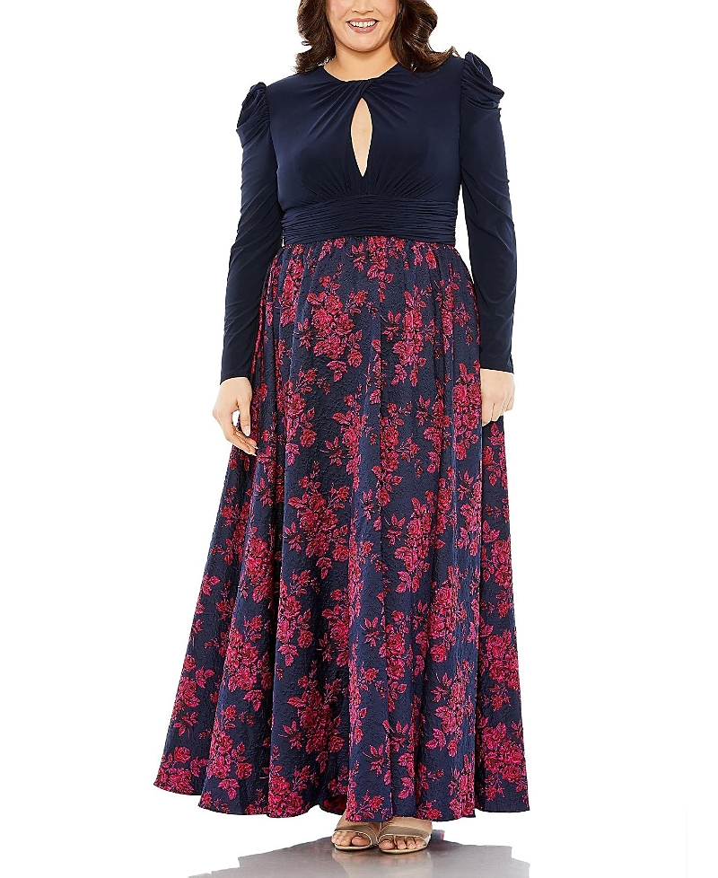 Mac Duggal Long Sleeve Keyhole Knot Neck Brocade Floral Detail Bottom Plus Size Gown In Midnight