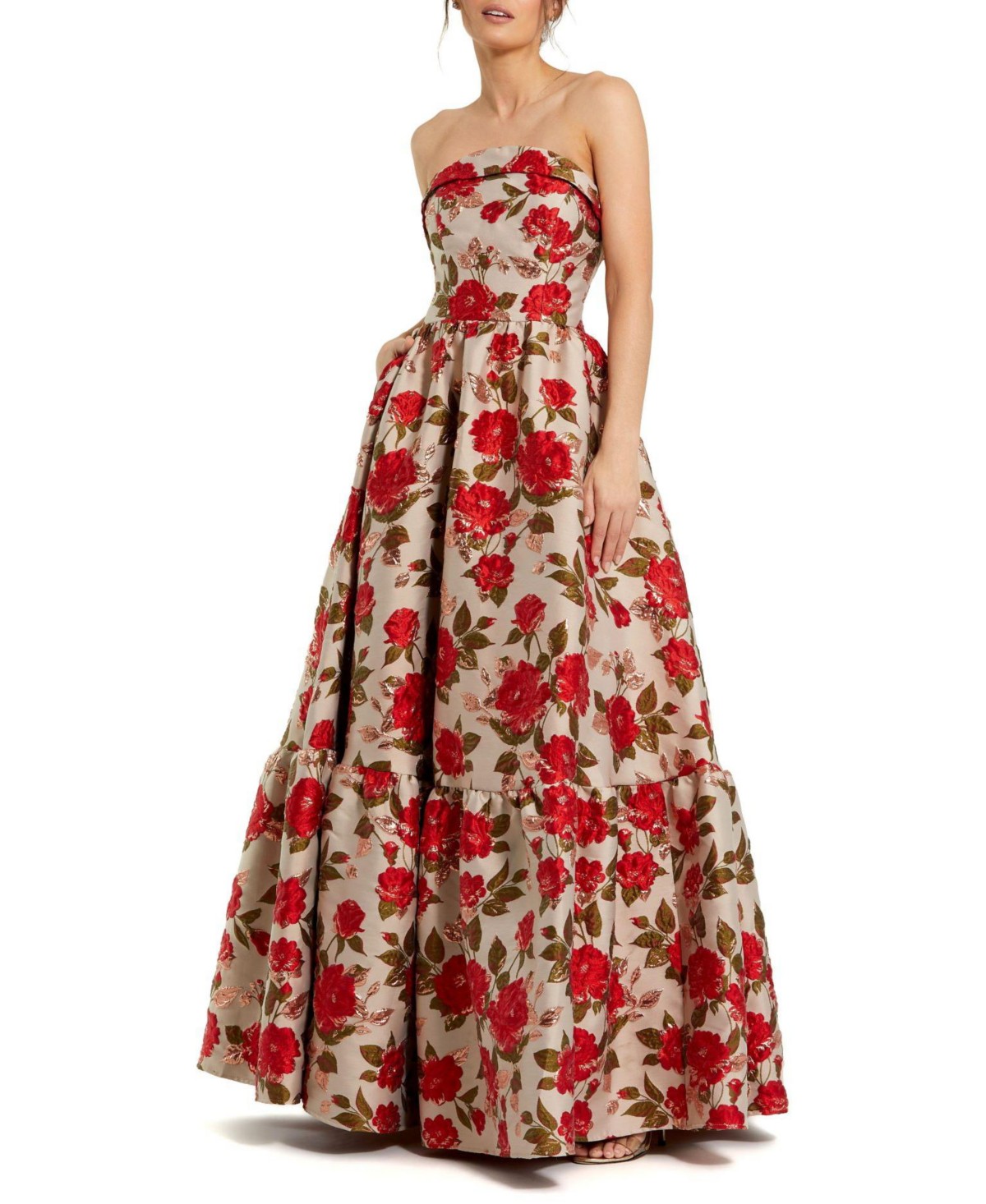 Strapless Floral Brocade Ruffle Hem Detail Gown