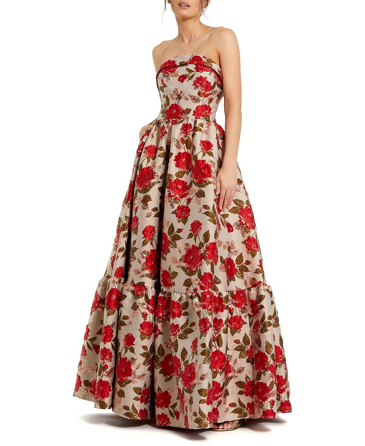 Mac Duggal Strapless Floral Brocade Ruffle Hem Detail Gown