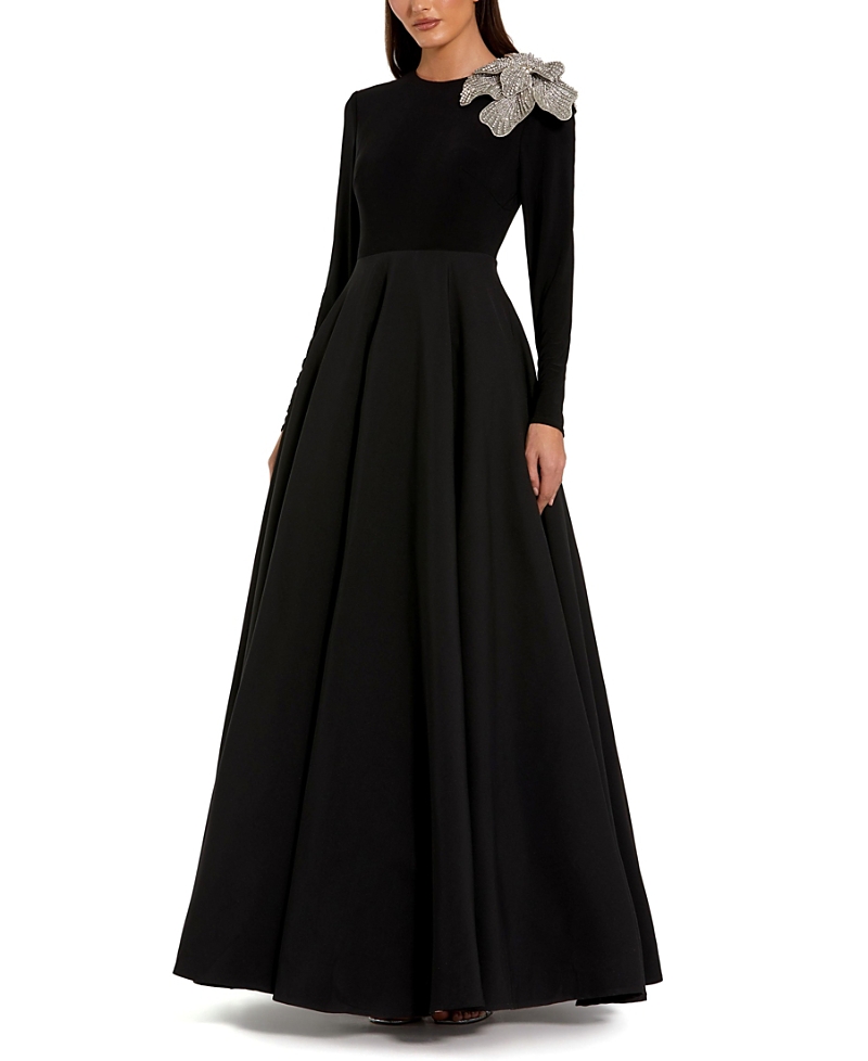 Mac Duggal Long Sleeve Taffeta Embellished 3D Flower Detail Ball Gown
