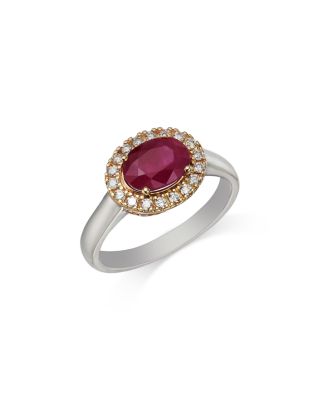 Ruby & Diamond Oval Halo Ring in 14K Yellow & White Gold