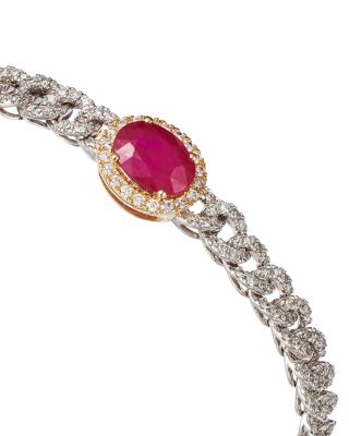 Ruby & Diamond Oval Halo Chain link Bracelet in 14K Yellow & White Gold
