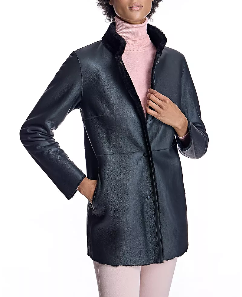 Maximilian Reversible to Leather Shearling Jacket with Zipper