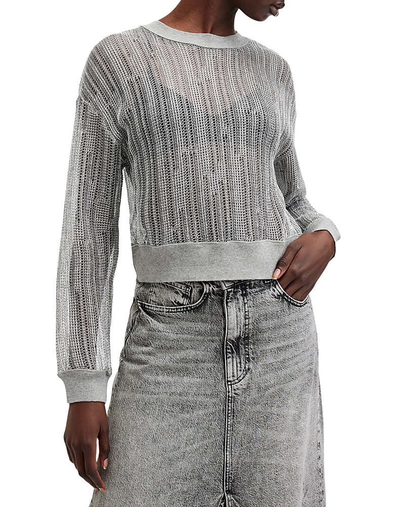 Allsaints Giana Long Sleeve Open Knit Sweatshirt In Silver