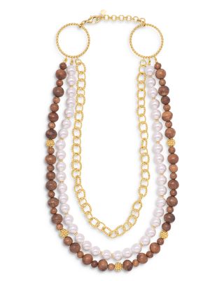 Capucine De Wulf Earth Goddess Link, Imitation Pearl & Teak Beaded Layered Necklace, 15.2-17.2
