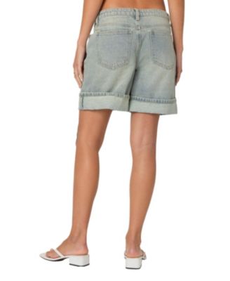 Cuffed Washed Denim Bermuda Shorts