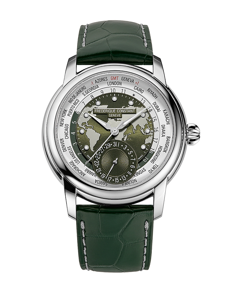 Frederique Constant Men's Swiss Automatic Classic Worldtimer Manufacture Green Leather Strap Watch 42mm In Green/green