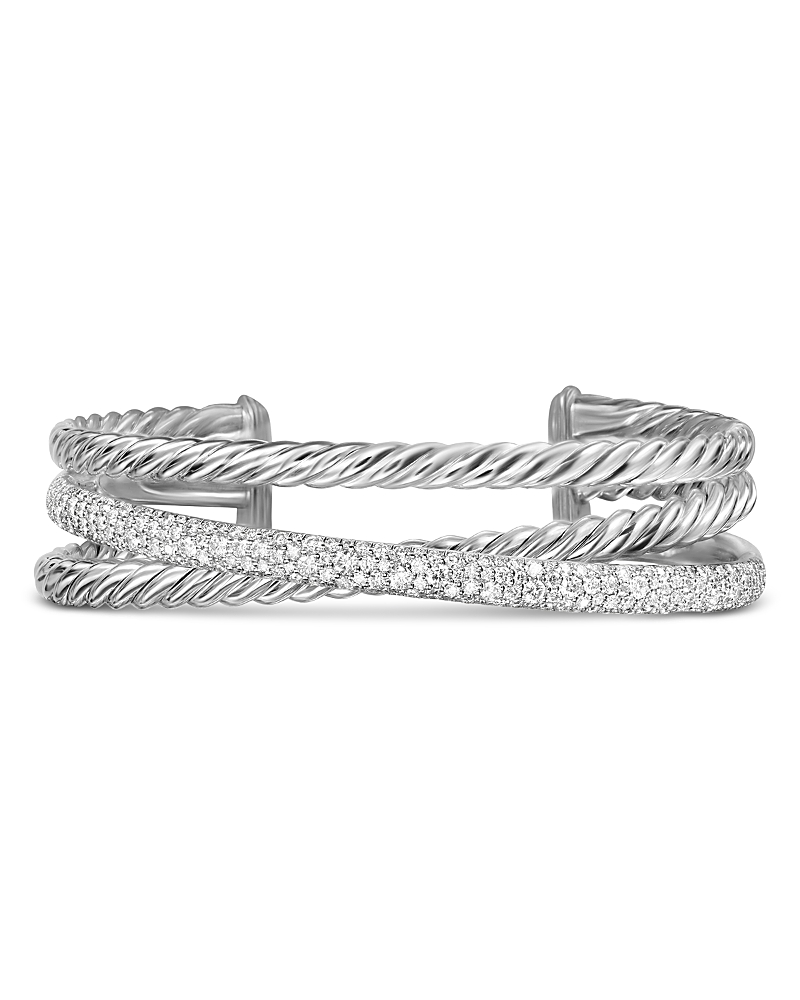 David Yurman Three Row Cuff Bracelet in Sterling Silver with Diamonds, 20mm
