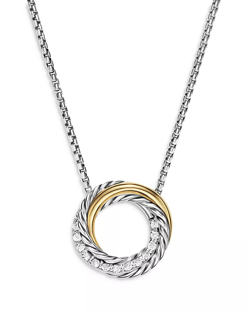 David Yurman Crossover Pendant Necklace in Sterling Silver with 18K Yellow Gold and Diamonds, 14.5mm