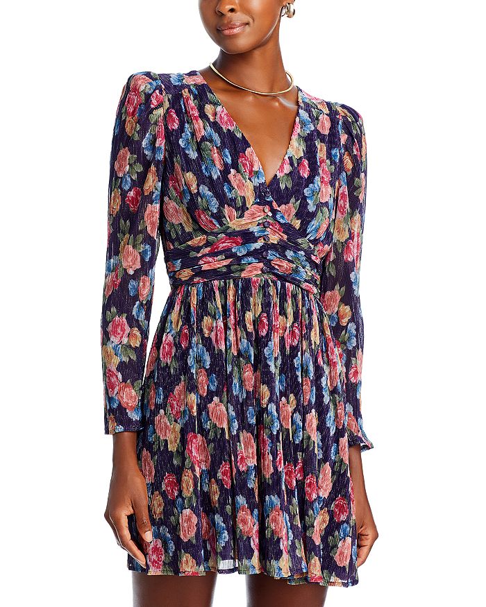 AQUA Metallic Long Sleeve Floral Print Dress - Exclusive | Bloomingdale's