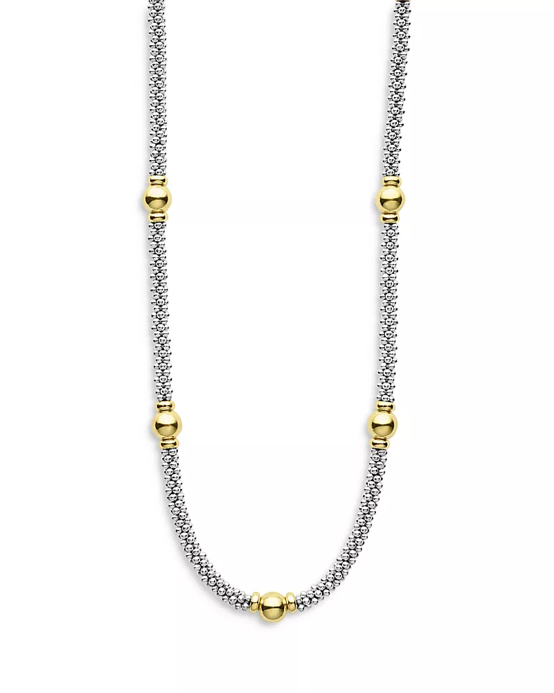 Lagos 18K Yellow Gold & Sterling Silver Signature Caviar Bead Link Station Collar Necklace, 16