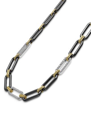 18K Yellow & White Gold Signature Caviar Diamond & Black Ceramic Station Link Necklace, 18"