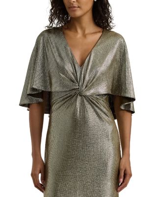 Lauren Ralph Lauren Metallic Knit V-Neck Cape Twist Front
