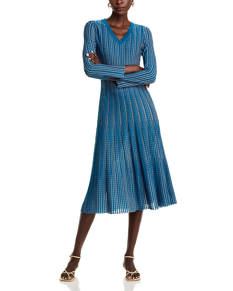 Misook Fit-and-flare Linear Textured Knit Midi Dress In Tidal Teal/multi