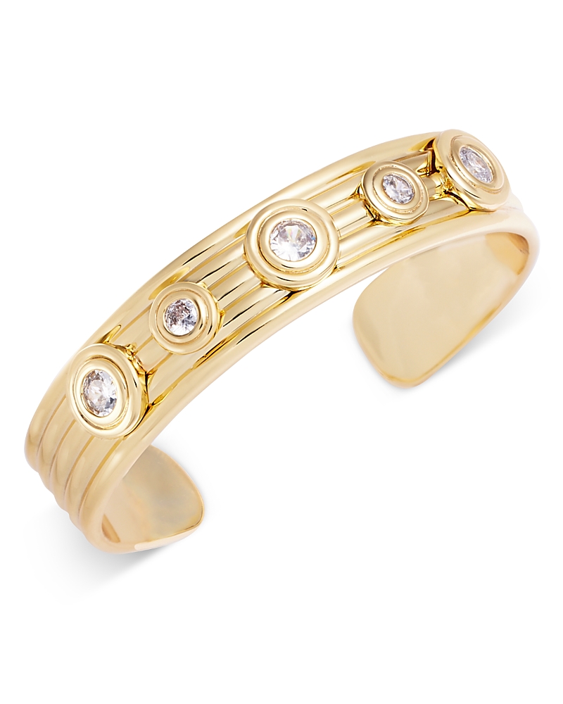 Aqua Cubic Zirconia Ribbed Cuff Bracelet In 14k Gold Plated - Exclusive In Gold