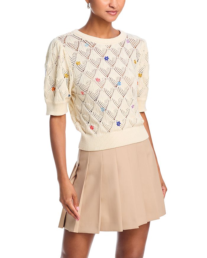 Knit Sweater with Flower Applique in Ocean