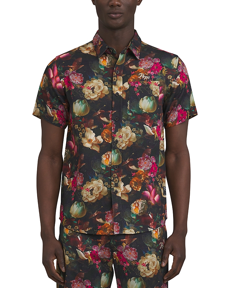 Gold Finch Floral Pattern Short Sleeve Button Down Shirt
