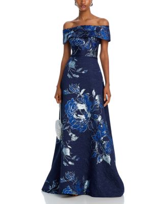 Off-the-Shoulder Metallic Floral Jacquard Gown