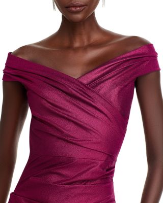 Stretch Metallic Off-the-Shoulder Gown