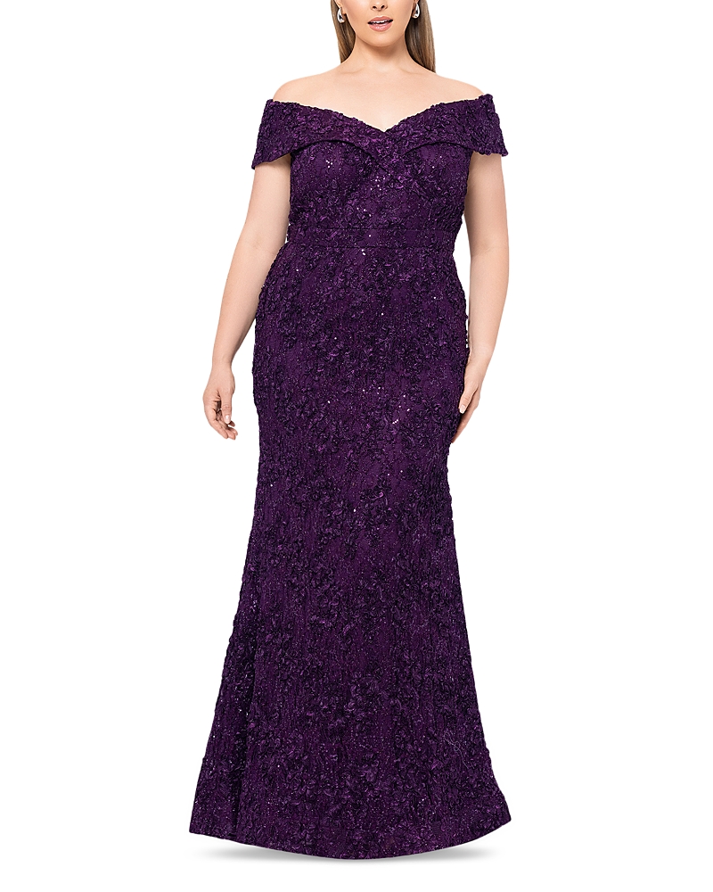 Xscape Off the Shoulder Embroidered Lace Dress
