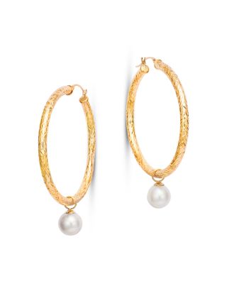 Bloomingdale's Fine Collection - Cultured Freshwater Pearl Textured Medium Hoop Earrings in 14K Yellow Gold