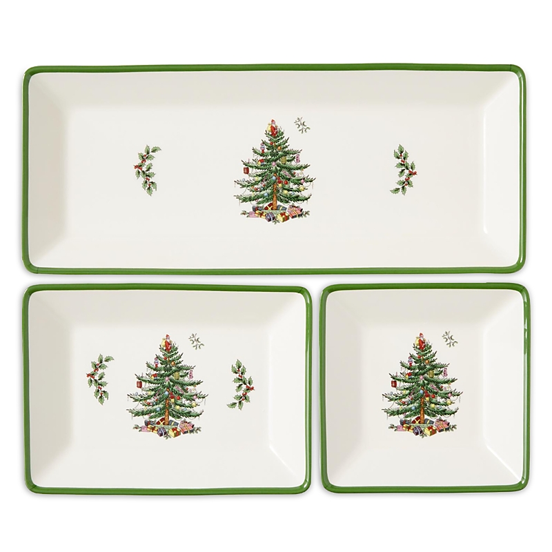 Spode Christmas Tree Traditional 3 Piece Nesting Tray Set In Green