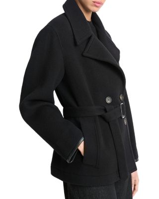 Wool Blend Leather Trim Double Breasted Jacket