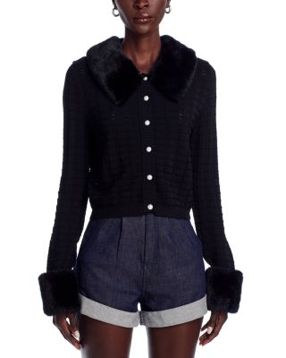 Cardigan With Fur Collar And Cuffs Women Black Detachable Plush