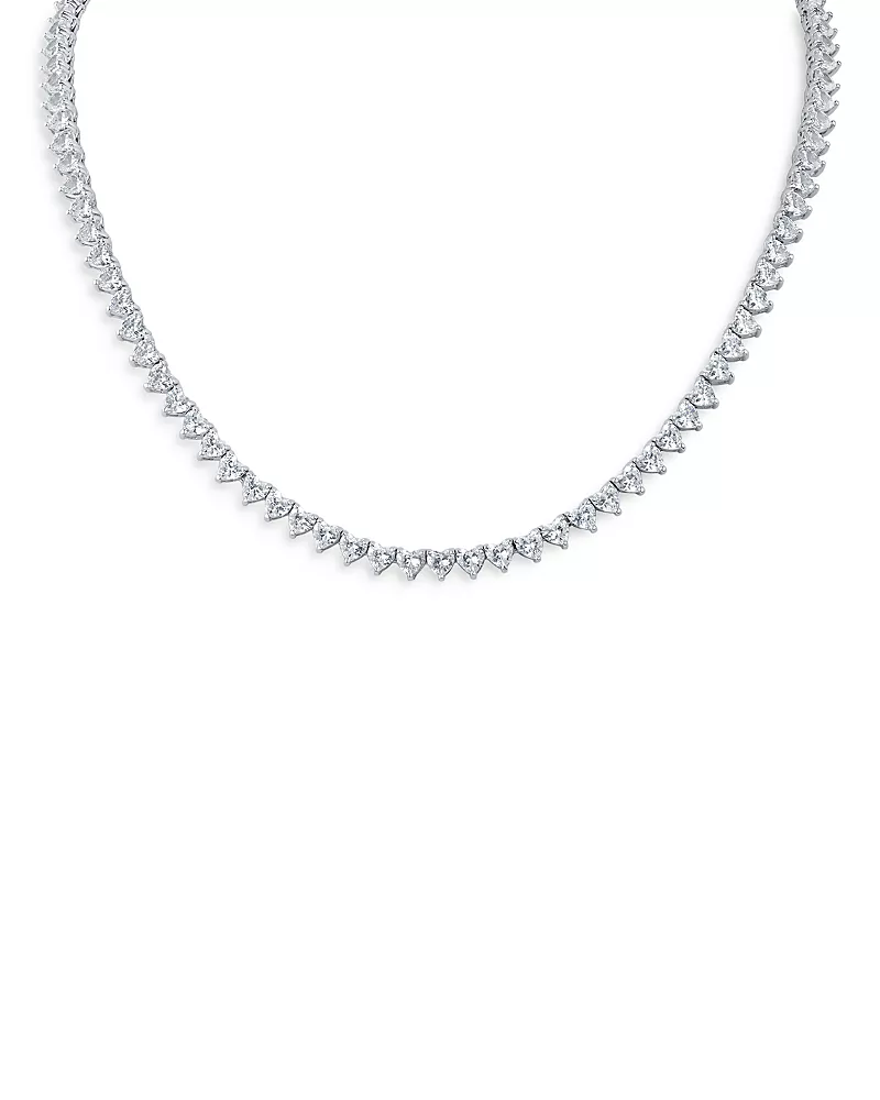 Kenneth Jay Lane Heart Shape Cubic Zirconia Tennis Necklace in Rhodium Plated, 16