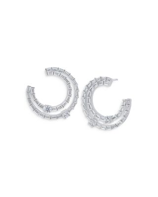 Kenneth Jay Lane Round & Baguette Cubic Zirconia Double Circle Open Hoop Earrings in Rhodium Plated